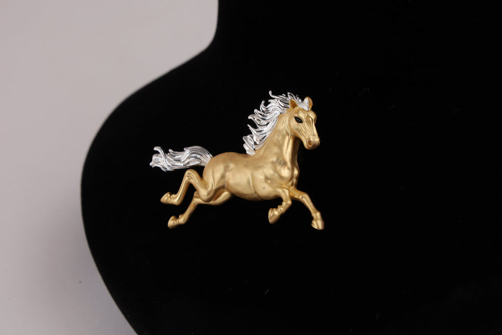Golden Galloping Horse Brooch with Silver-Tone Mane