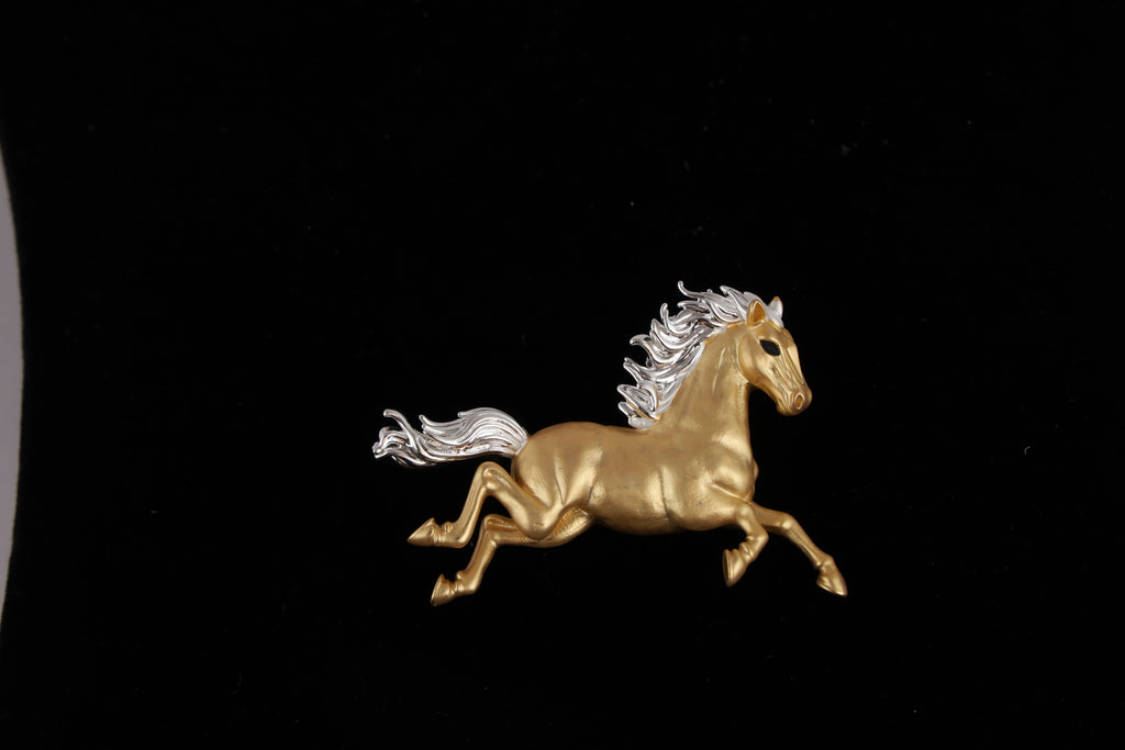 Golden Galloping Horse Brooch with Silver-Tone Mane