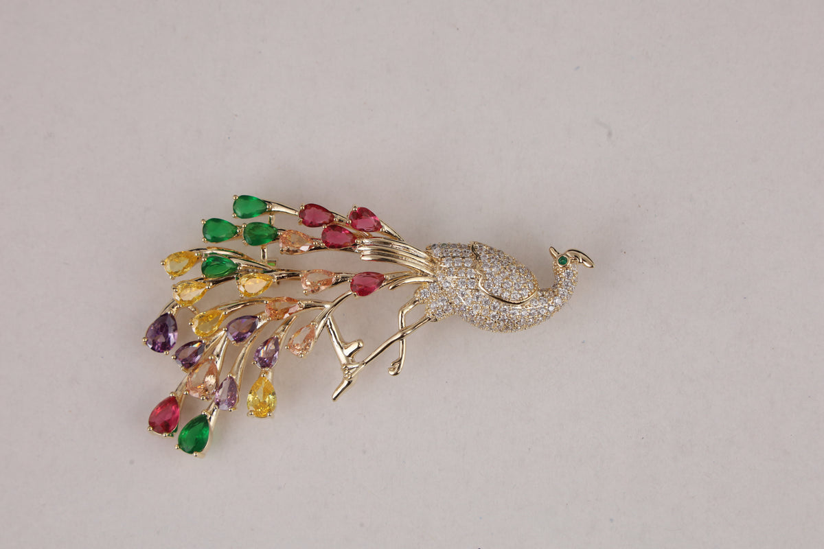 Multicolour Crystal Peacock Brooch with Gold-Tone Finish