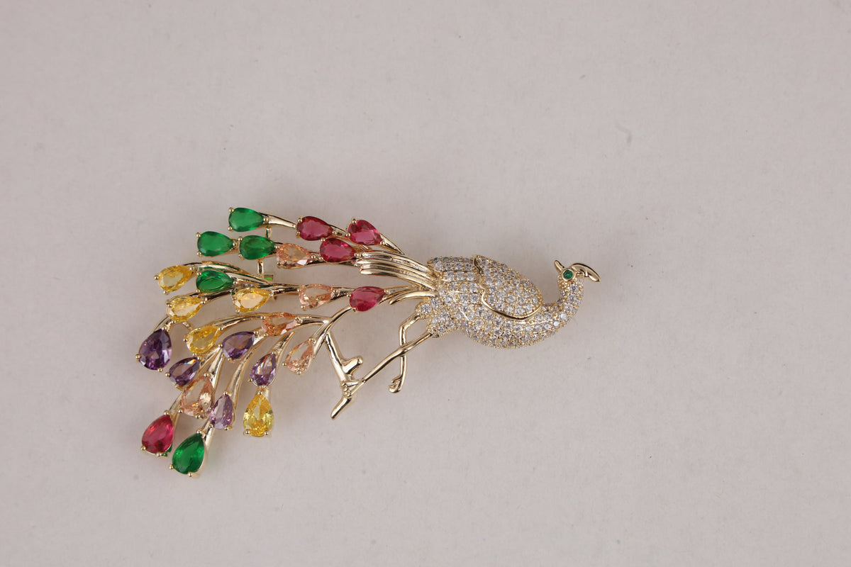 Multicolour Crystal Peacock Brooch with Gold-Tone Finish