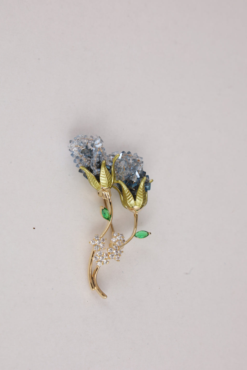 Blue Crystal Floral Brooch with Golden Leaves