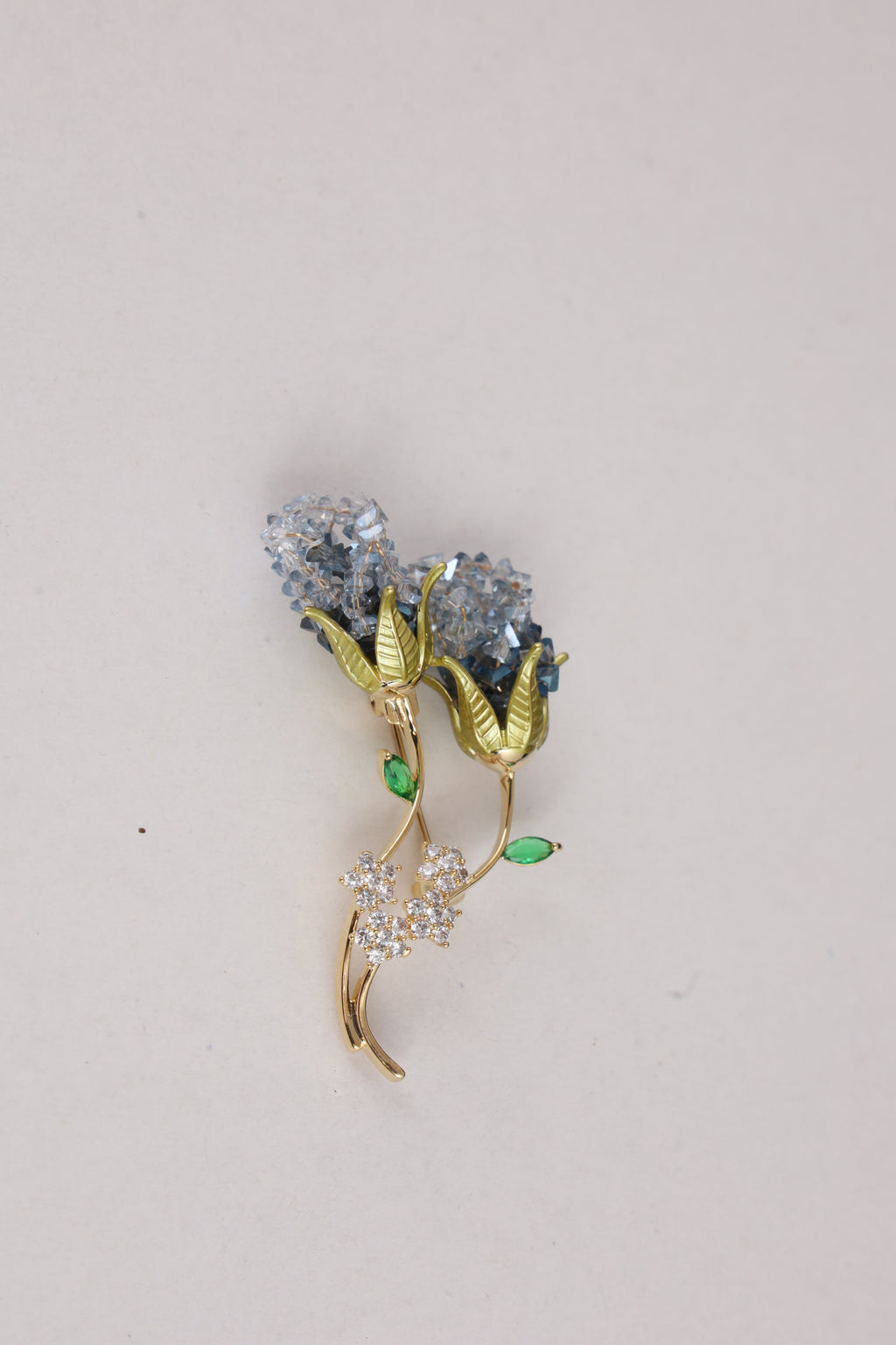 Blue Crystal Floral Brooch with Golden Leaves