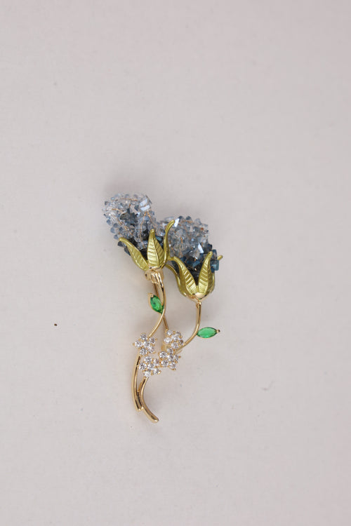 Blue Crystal Floral Brooch with Golden Leaves