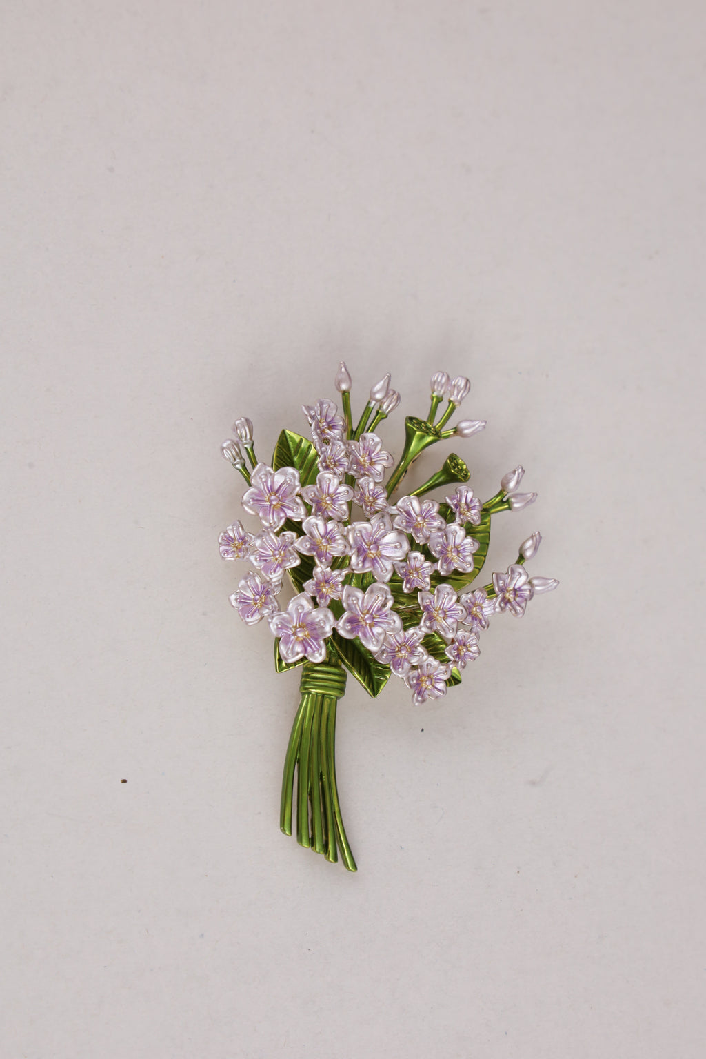 Lavender Crystal Floral Bouquet Brooch with Green Stems