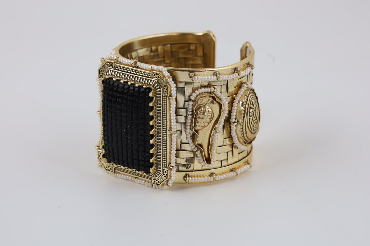 Antique Gold Black Stone Cuff Bracelet