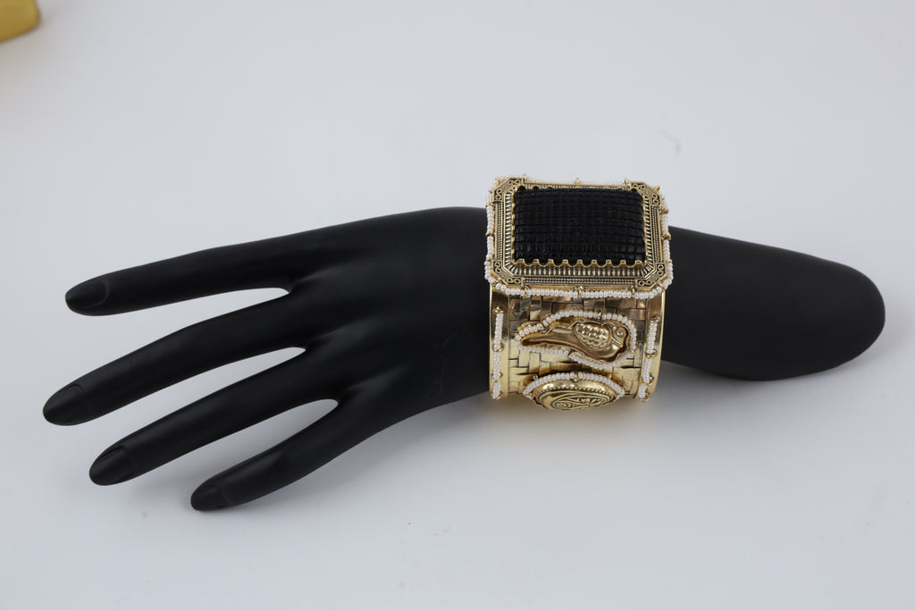 Antique Gold Black Stone Cuff Bracelet