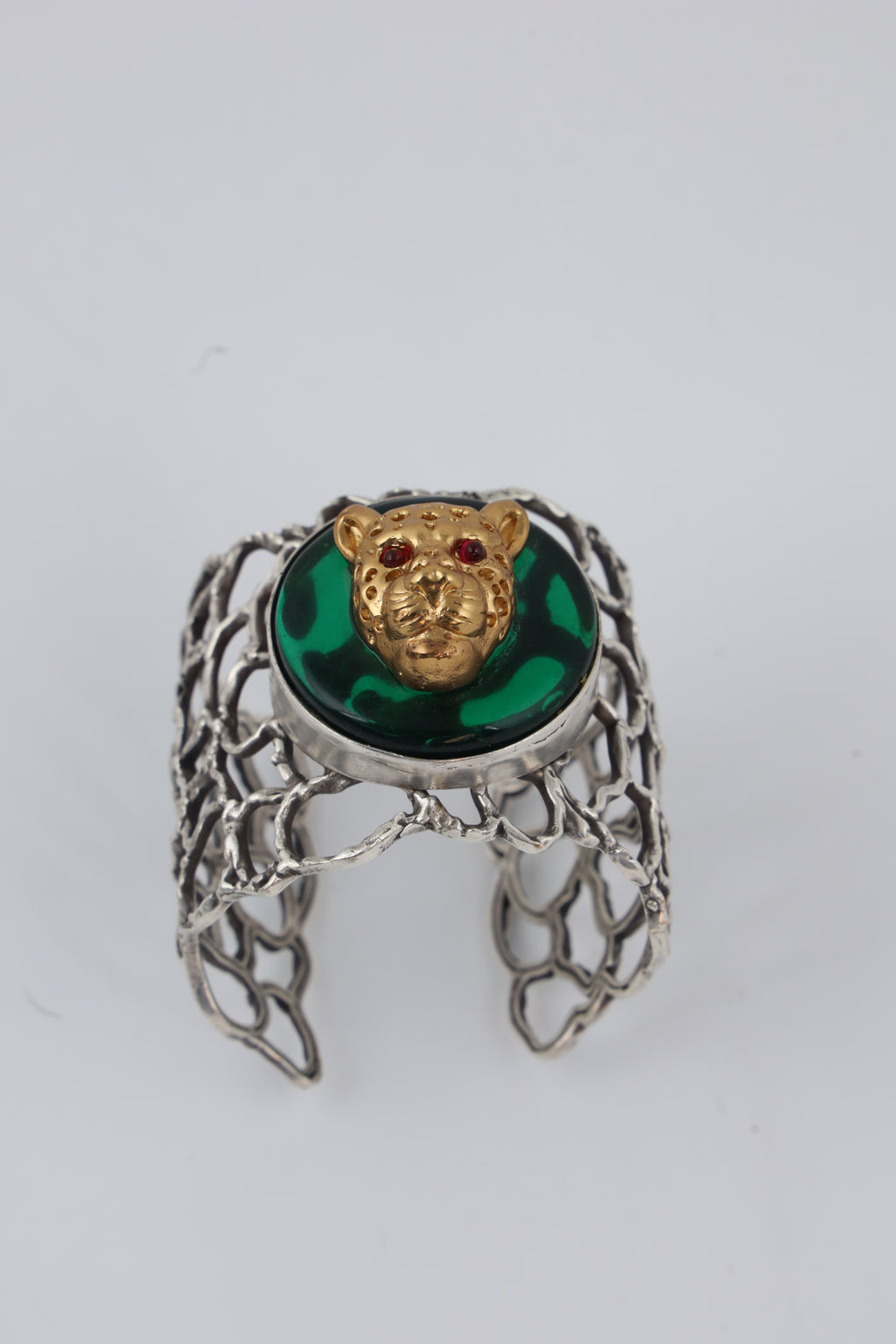 Silver-Tone Green Stone Leopard Statement Cuff Bracelet