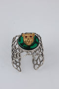 Silver-Tone Green Stone Leopard Statement Cuff Bracelet
