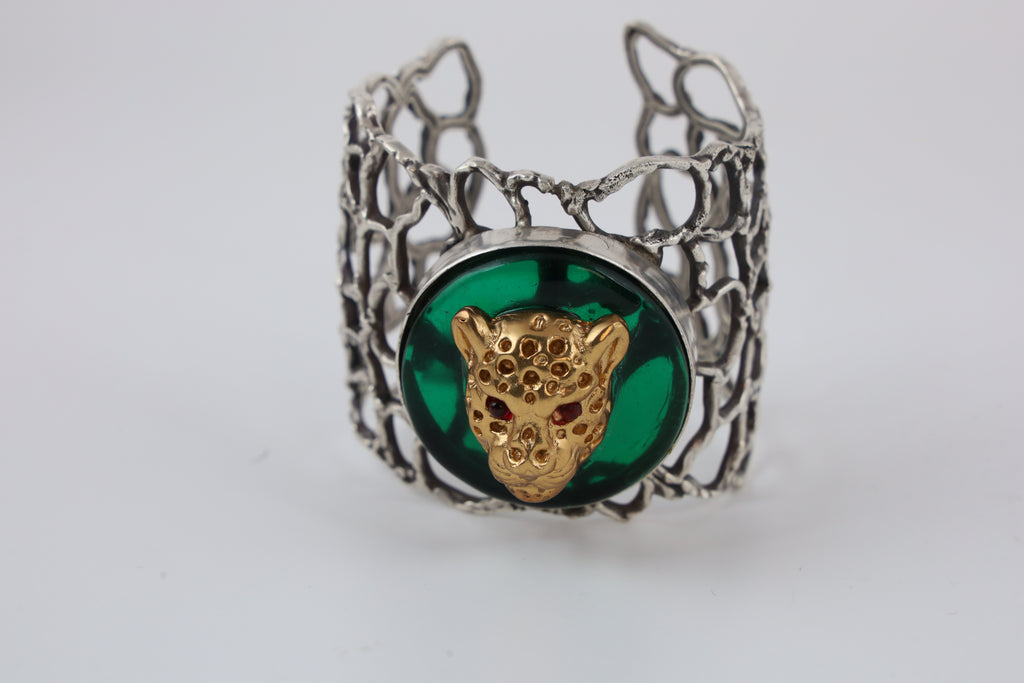 Silver-Tone Green Stone Leopard Statement Cuff Bracelet