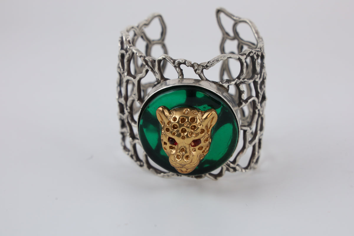 Silver-Tone Green Stone Leopard Statement Cuff Bracelet