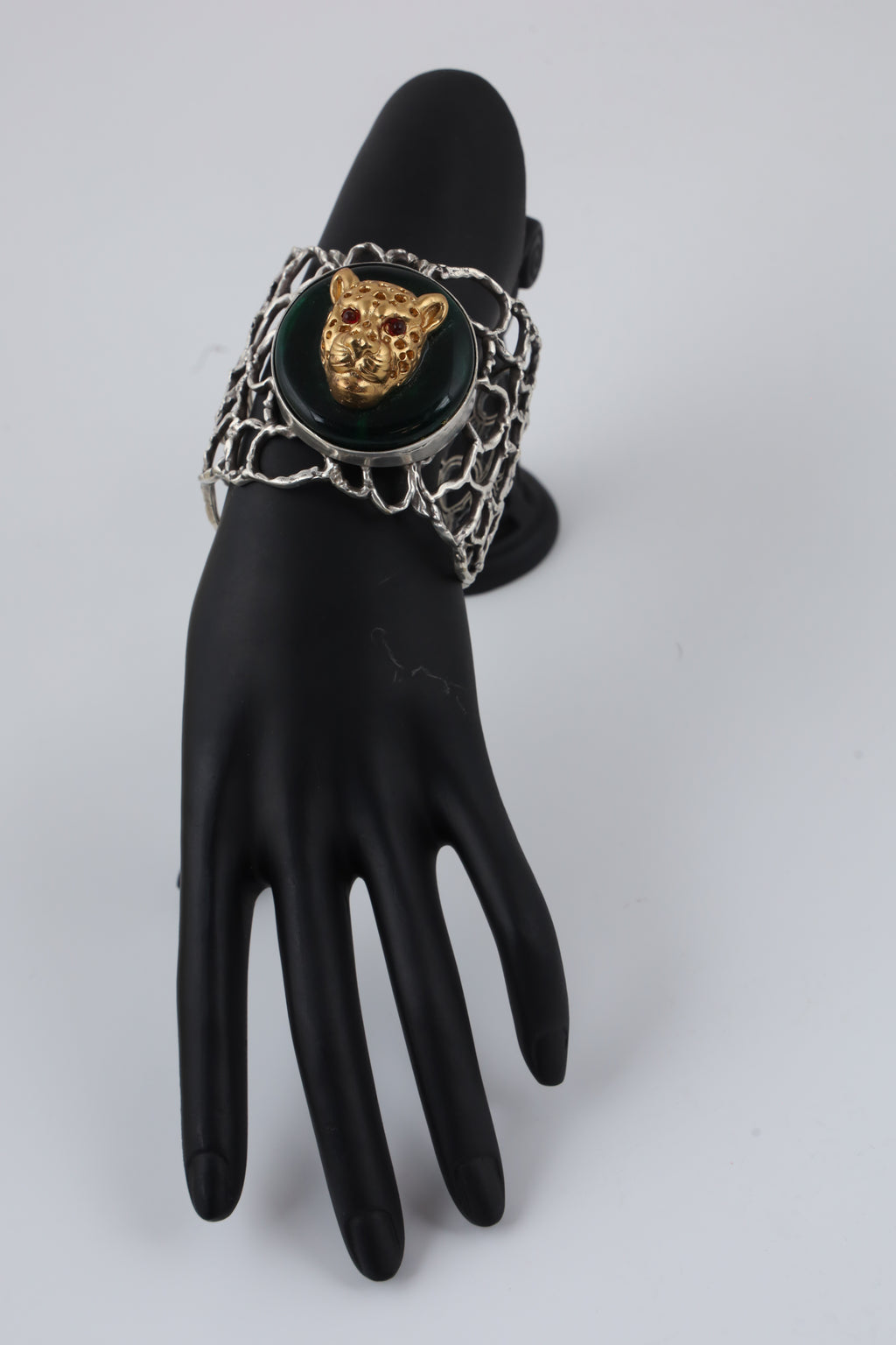 Silver-Tone Green Stone Leopard Statement Cuff Bracelet