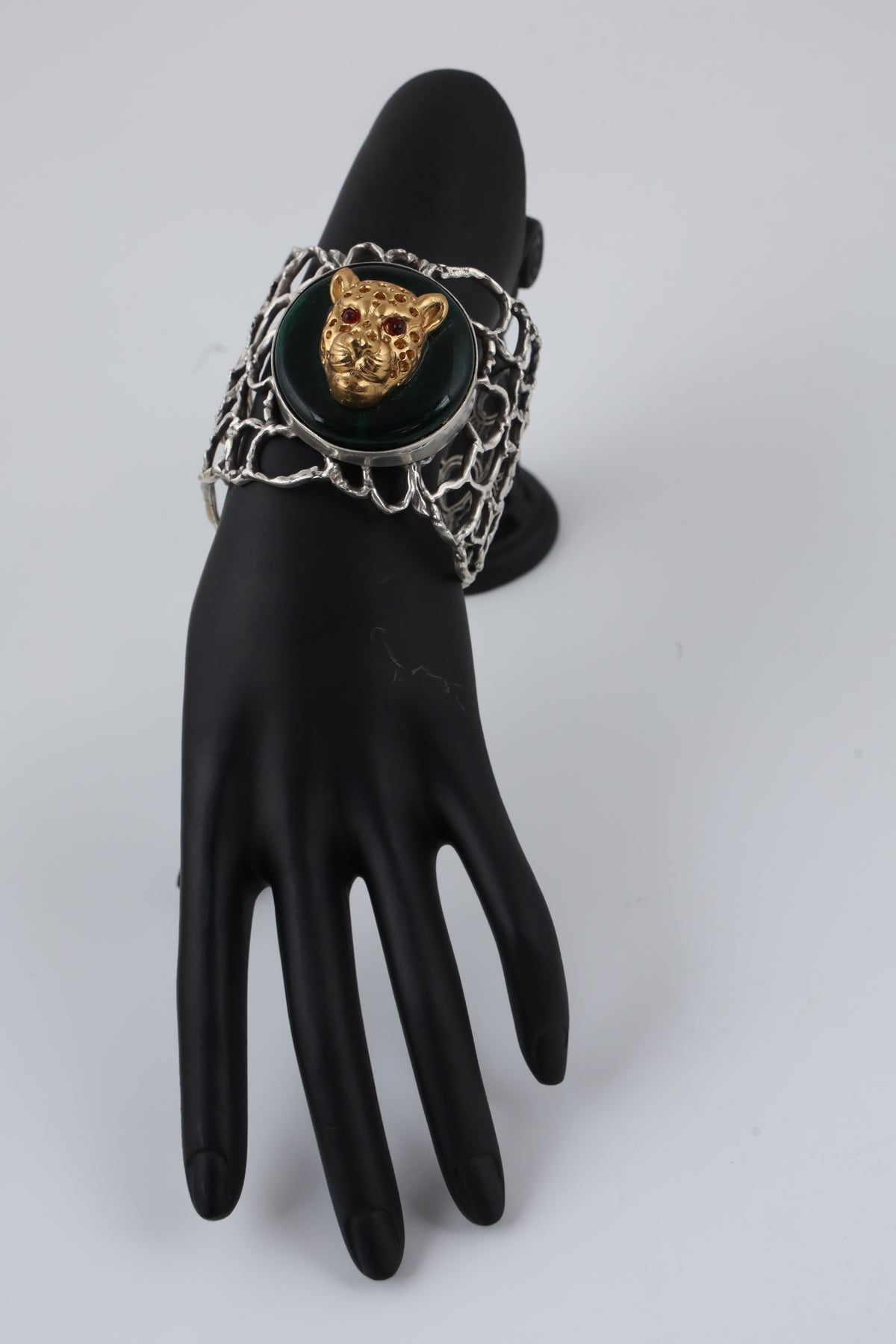 Silver-Tone Green Stone Leopard Statement Cuff Bracelet