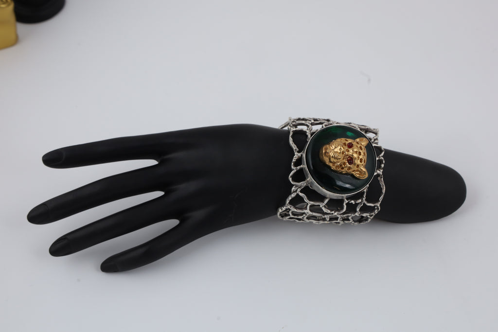 Silver-Tone Green Stone Leopard Statement Cuff Bracelet