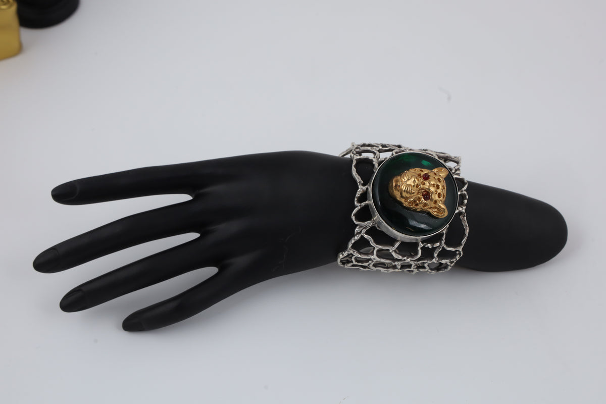 Silver-Tone Green Stone Leopard Statement Cuff Bracelet