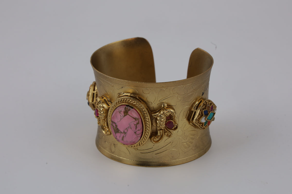 Antique Gold-Tone Pink Stone Embellished Statement Cuff Bracelet