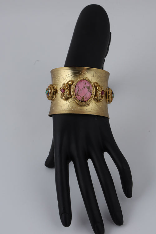 Antique Gold-Tone Pink Stone Embellished Statement Cuff Bracelet