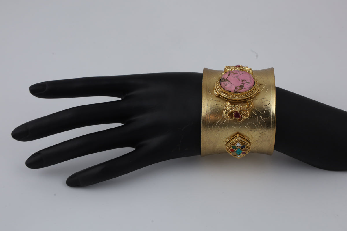 Antique Gold-Tone Pink Stone Embellished Statement Cuff Bracelet