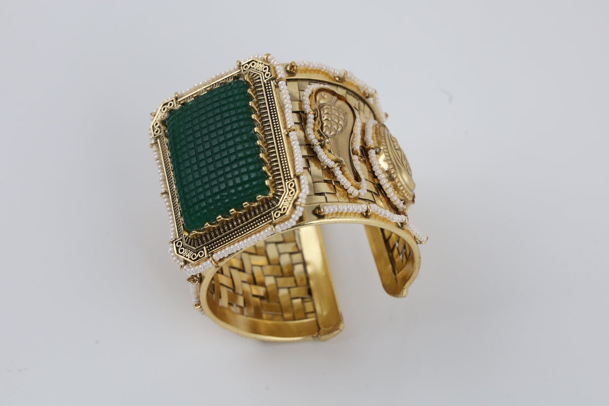 Antique Gold-Tone Green Stone Embellished Statement Cuff Bracelet