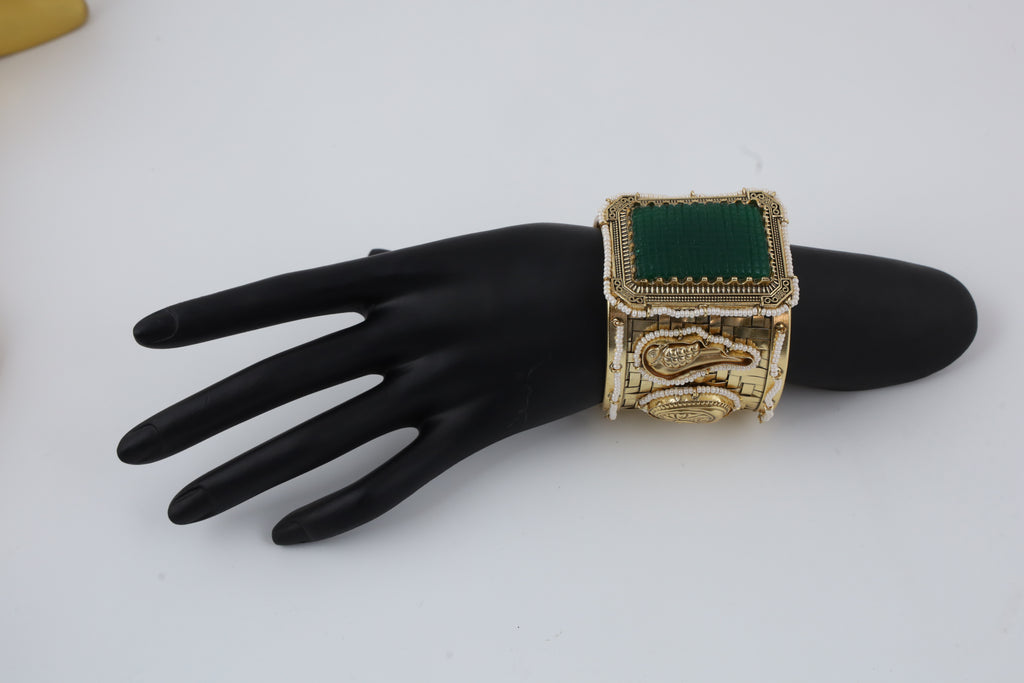 Antique Gold-Tone Green Stone Embellished Statement Cuff Bracelet