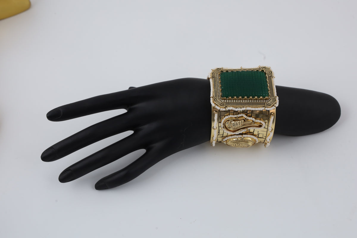 Antique Gold-Tone Green Stone Embellished Statement Cuff Bracelet