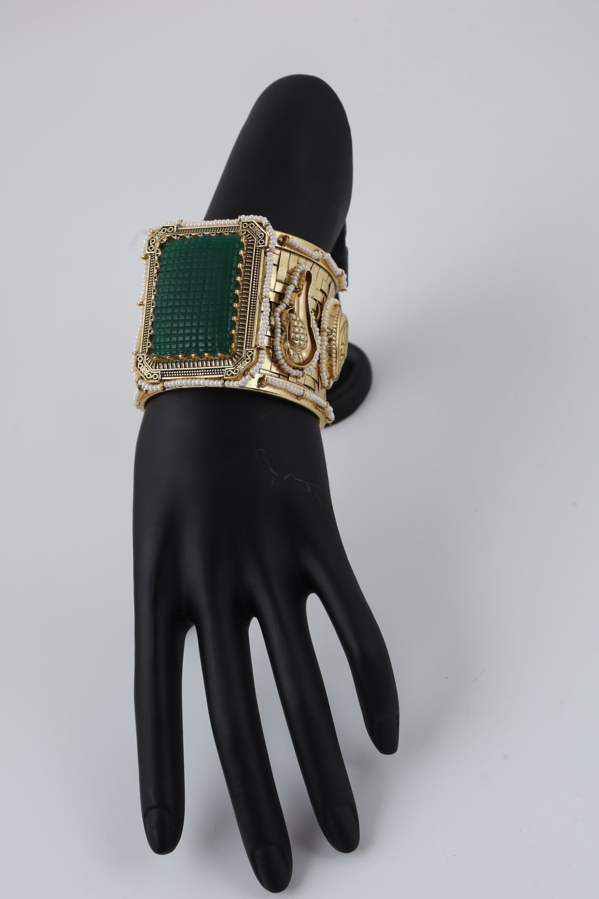 Antique Gold-Tone Green Stone Embellished Statement Cuff Bracelet