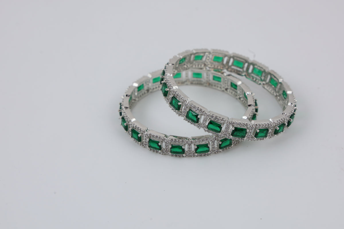 Green Stone Silver-Tone Bangles | Designer Jewellery