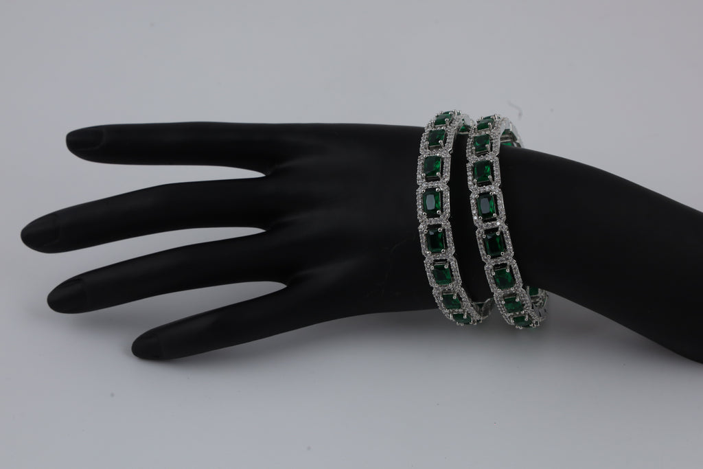 Green Stone Silver-Tone Bangles | Designer Jewellery
