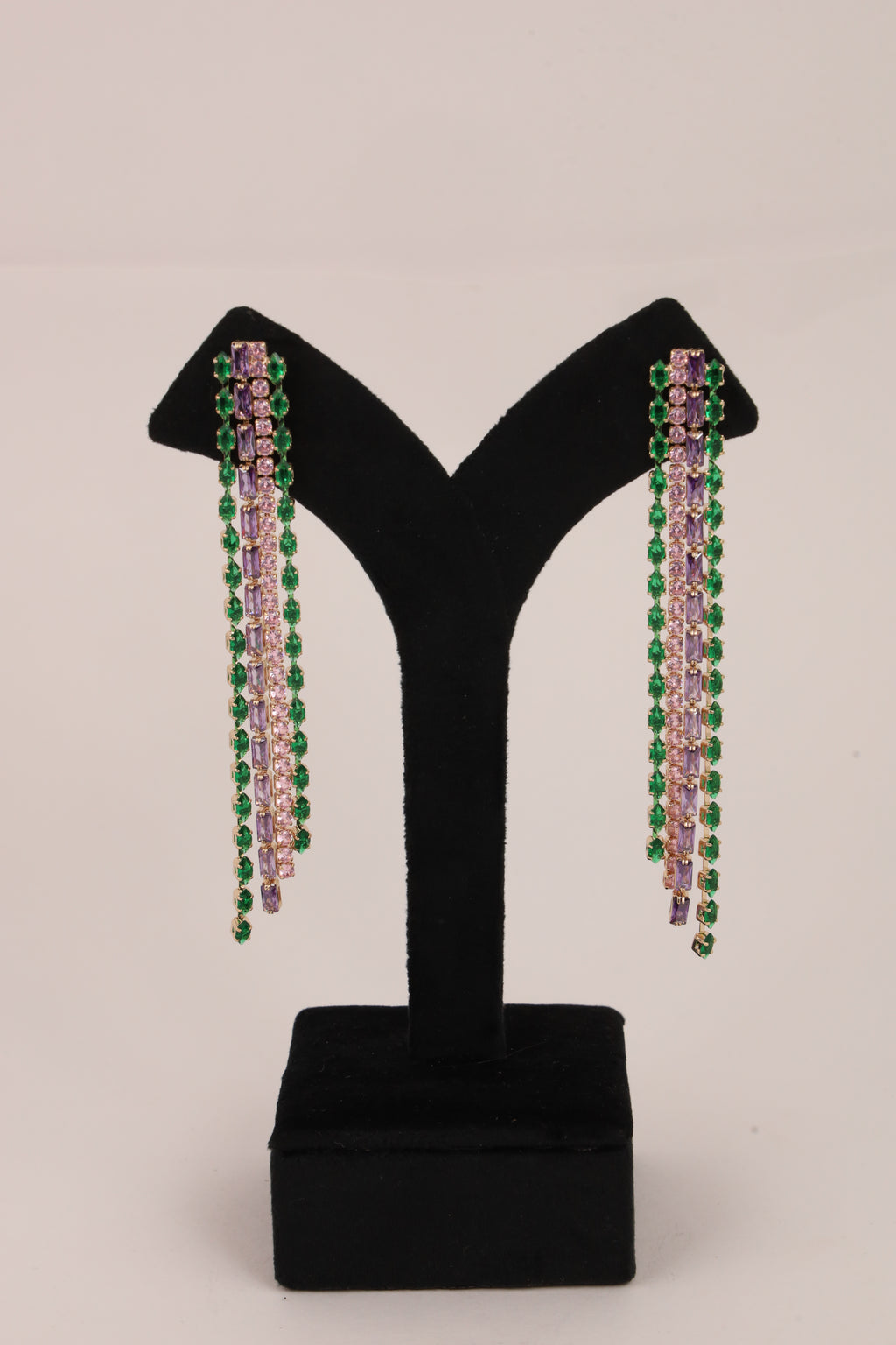 Emerald & Pink Crystal Long Drop Earrings