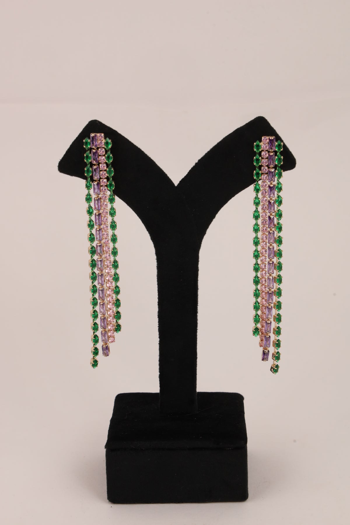 Emerald & Pink Crystal Long Drop Earrings