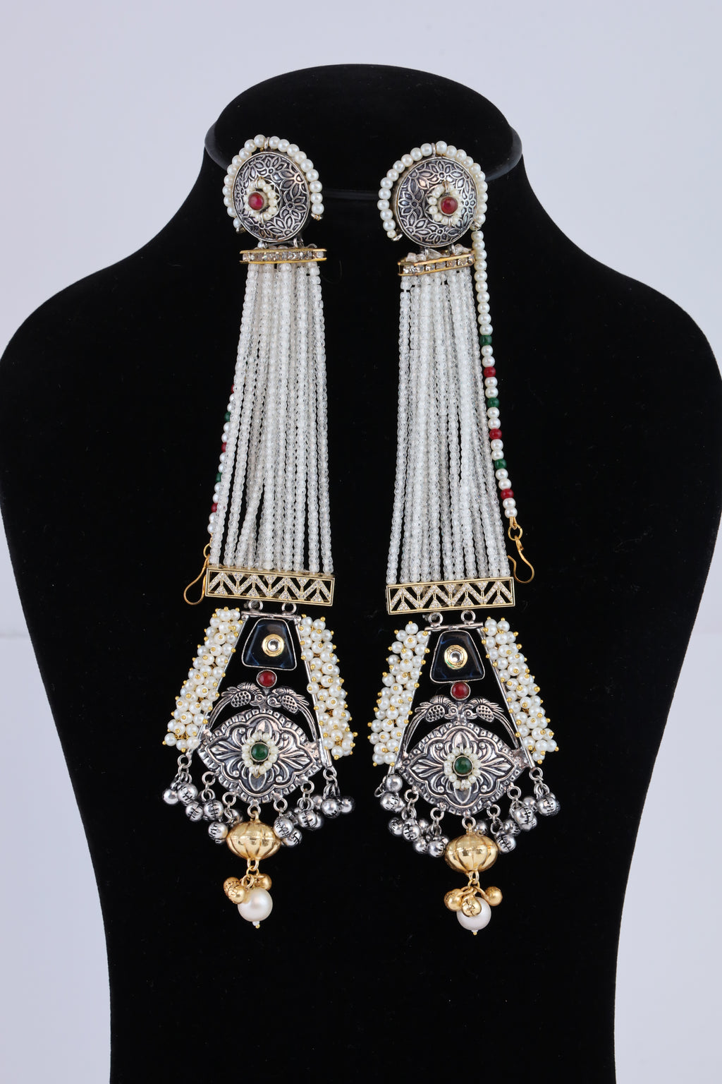 Traditional Silver-Tone Kundan Pearl Tassel Earrings