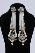 Traditional Silver-Tone Kundan Pearl Tassel Earrings