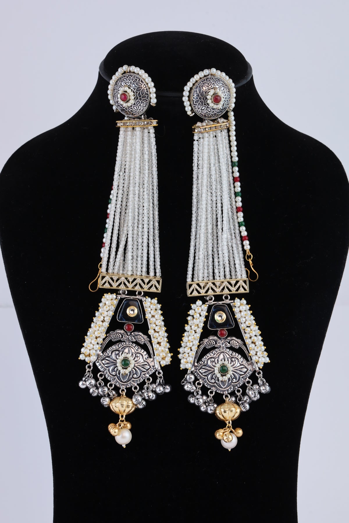 Traditional Silver-Tone Kundan Pearl Tassel Earrings