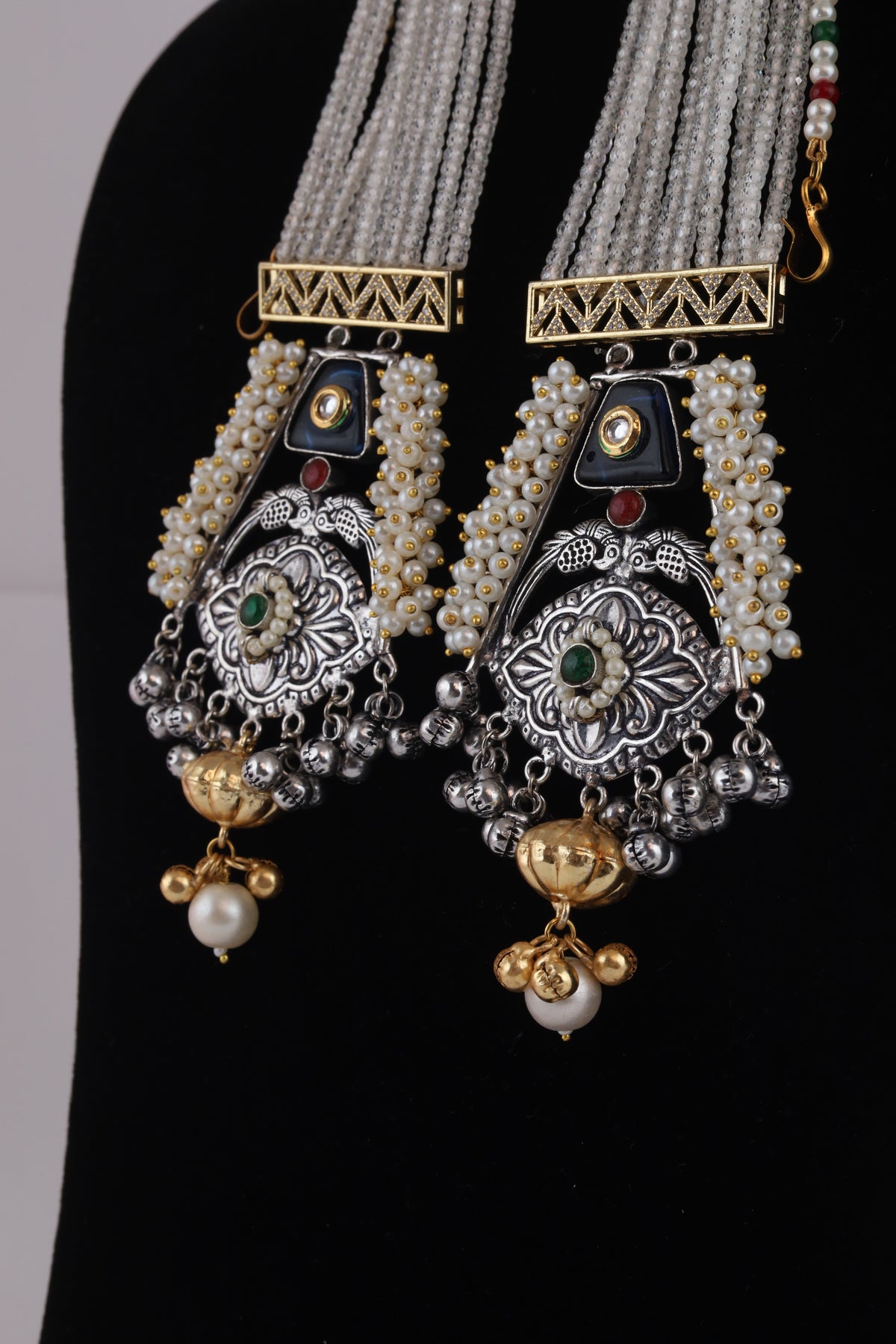 Traditional Silver-Tone Kundan Pearl Tassel Earrings