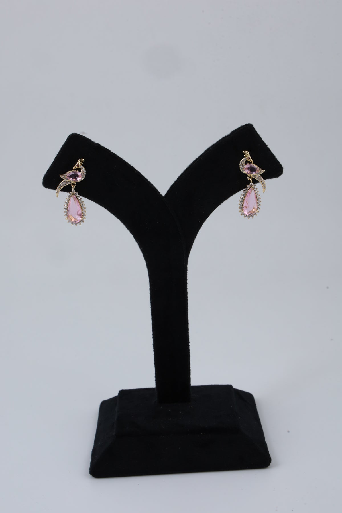 Pink Teardrop Bird-Inspired Gold-Tone Drop Earrings