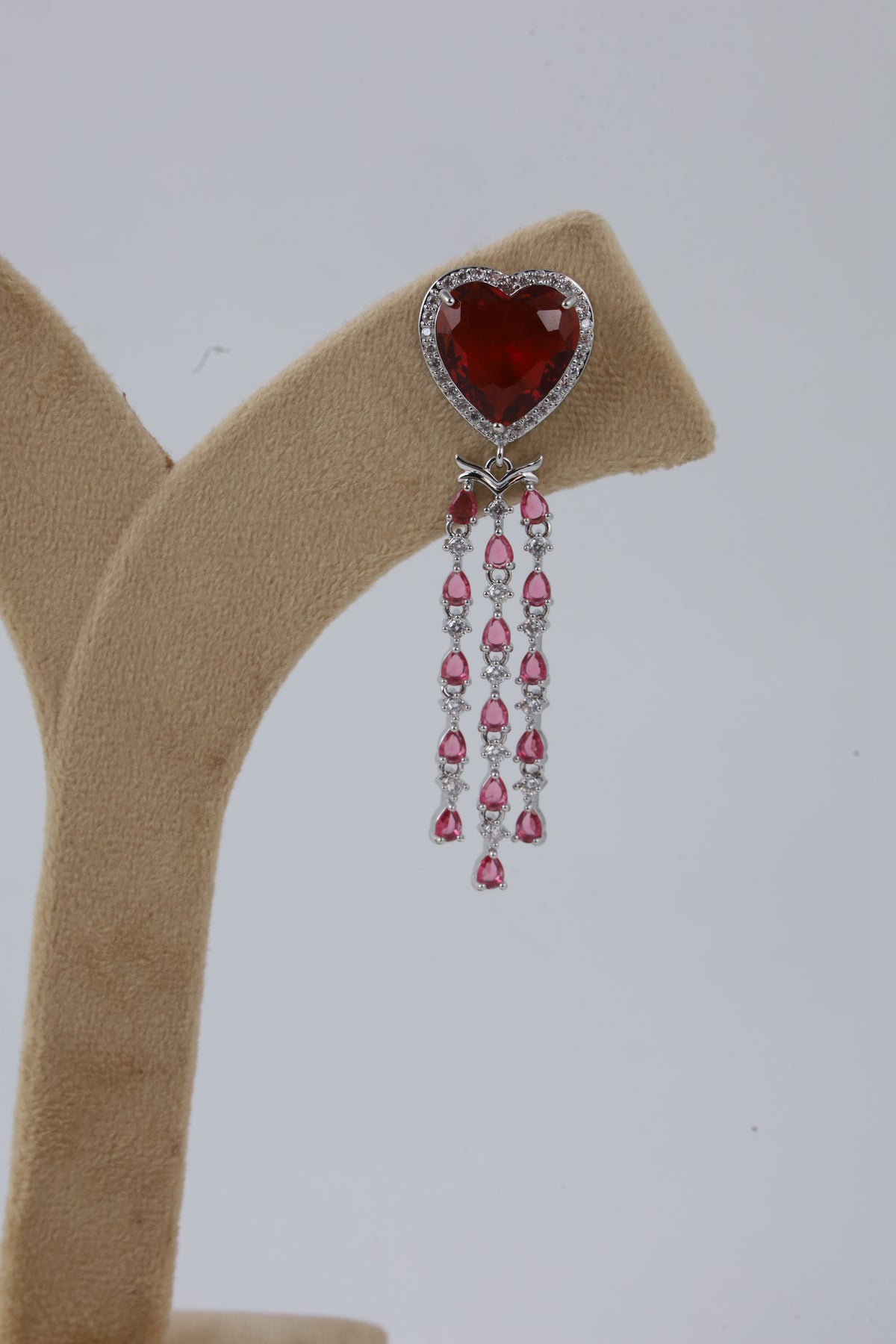 Ruby Red Heart Crystal Drop Earrings
