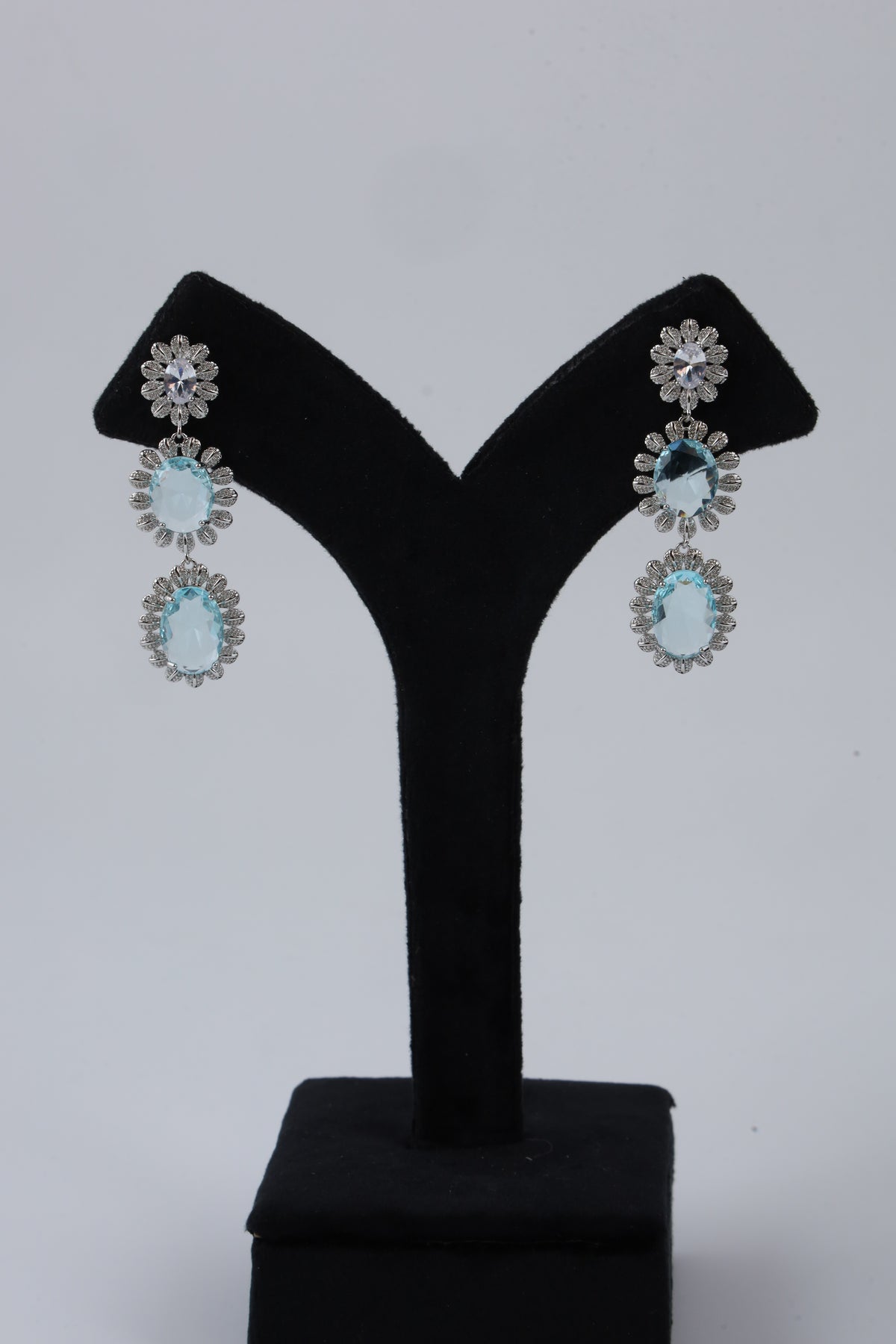 Aqua Blue Triple Crystal Drop Earrings