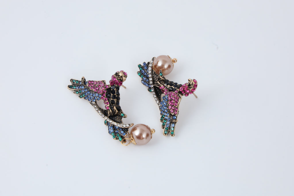 Multicolour Crystal Bird Pearl Drop Earrings