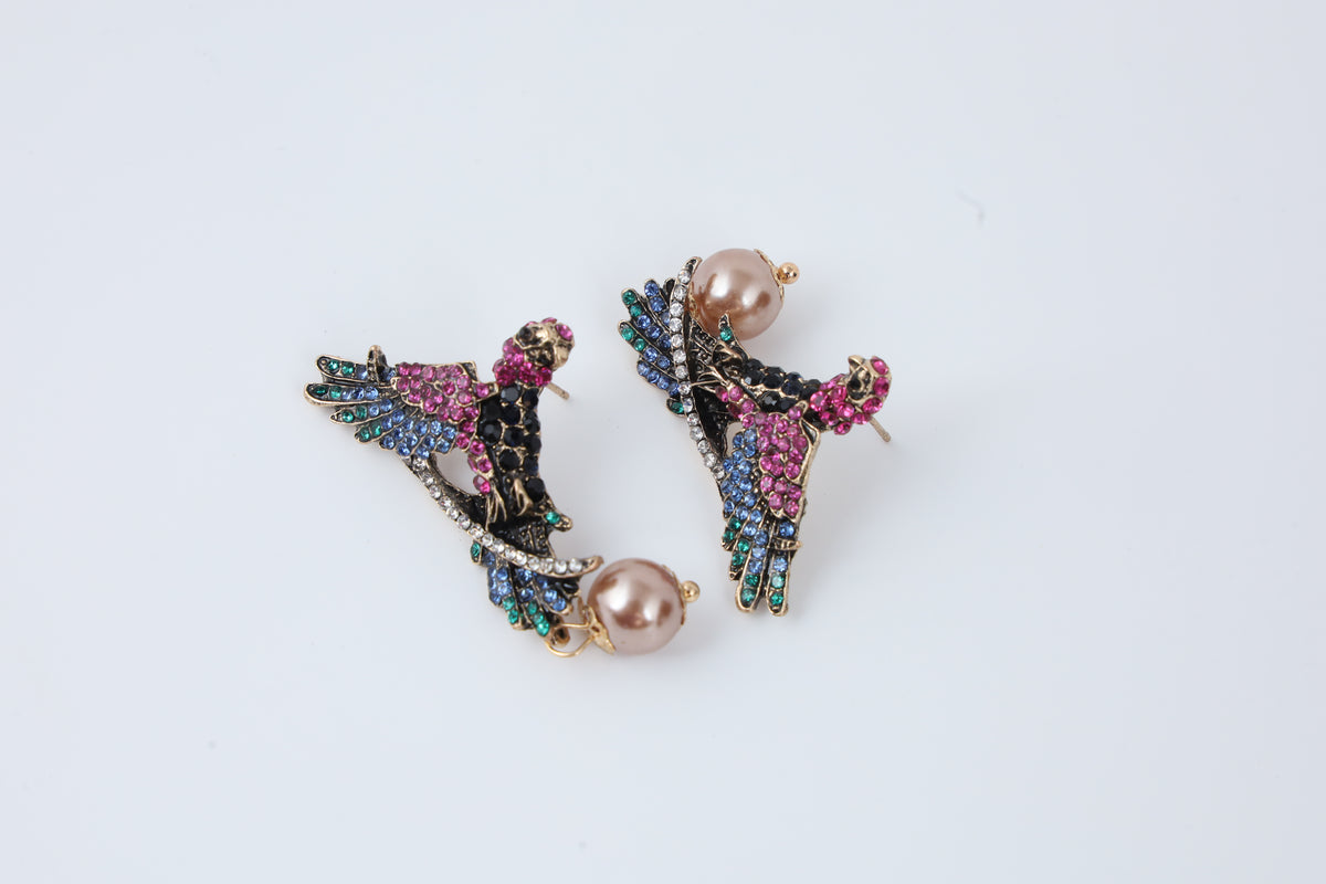 Multicolour Crystal Bird Pearl Drop Earrings