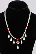 Pearl Necklace with Red Accents & Floral Pendant