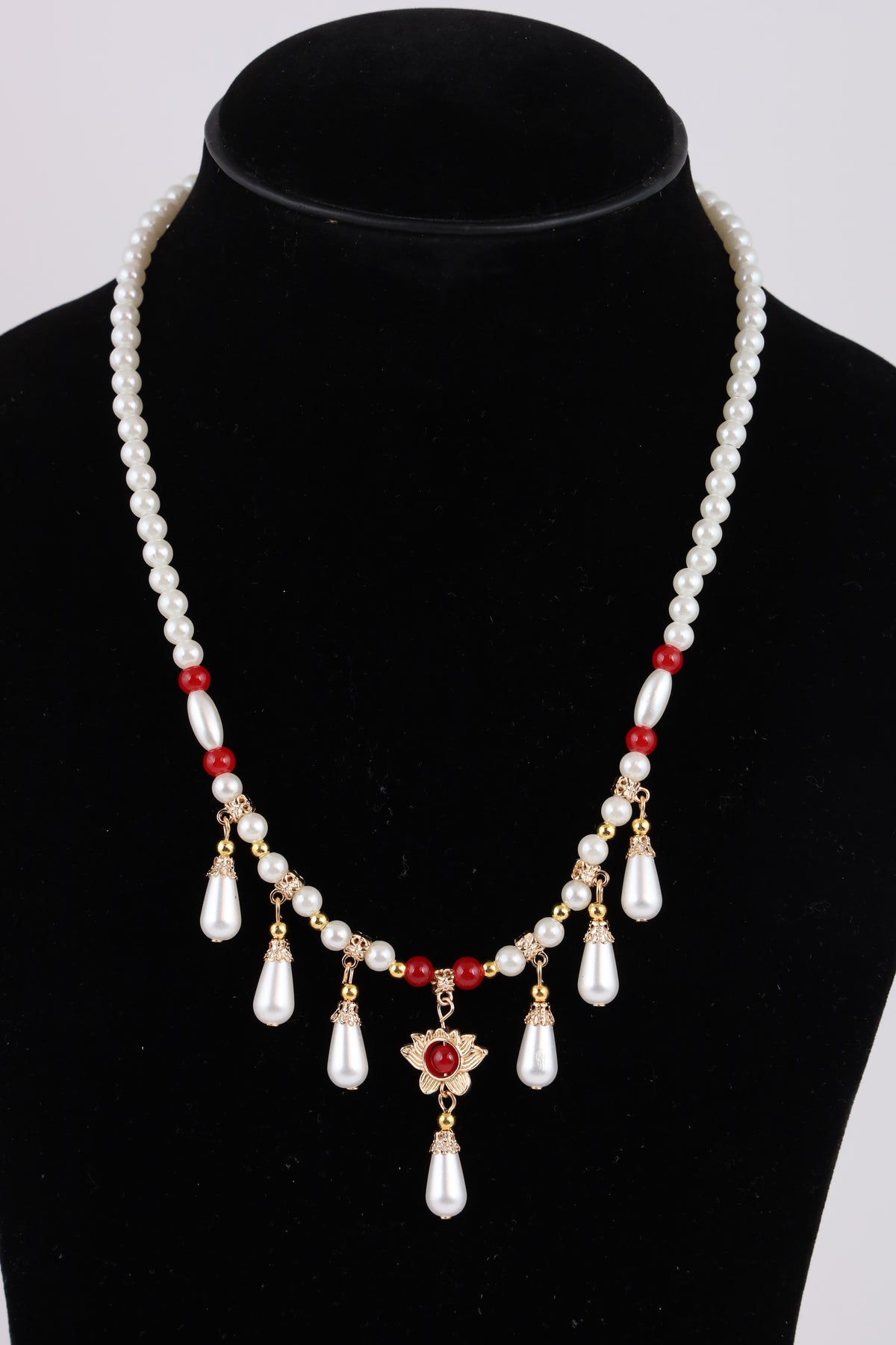 Pearl Necklace with Red Accents & Floral Pendant