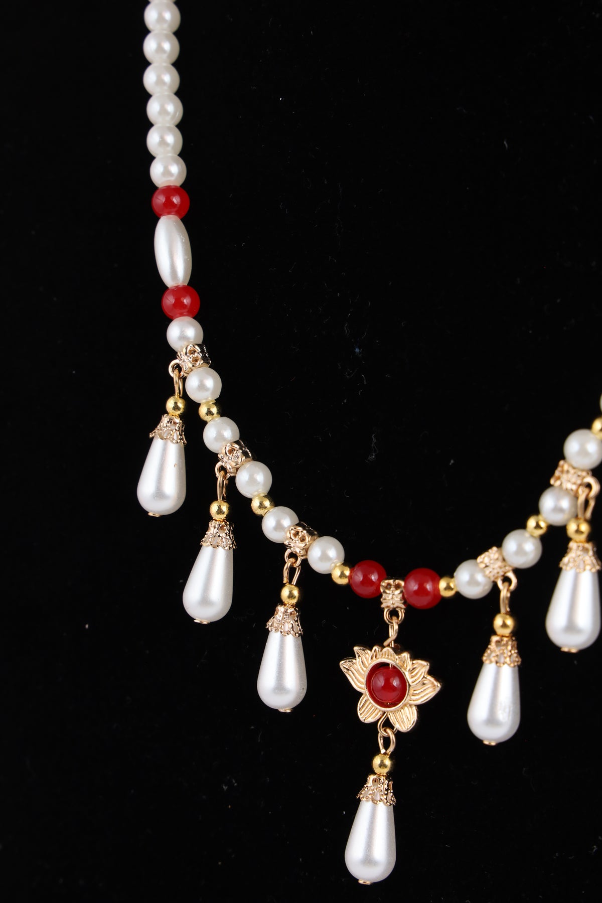 Pearl Necklace with Red Accents & Floral Pendant