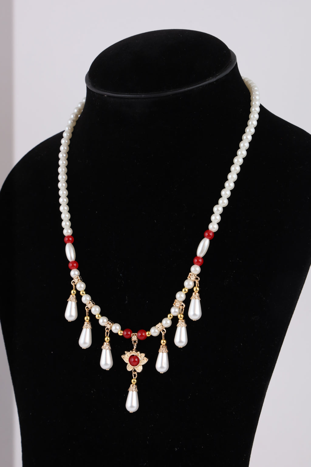 Pearl Necklace with Red Accents & Floral Pendant