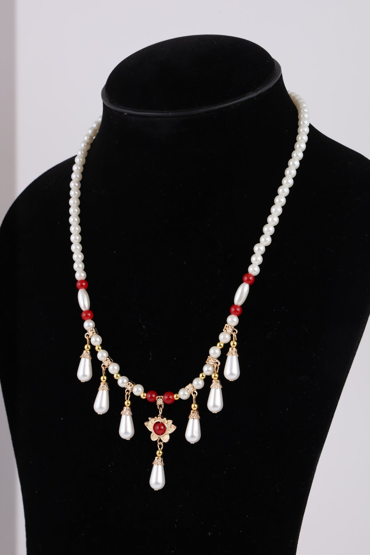 Pearl Necklace with Red Accents & Floral Pendant