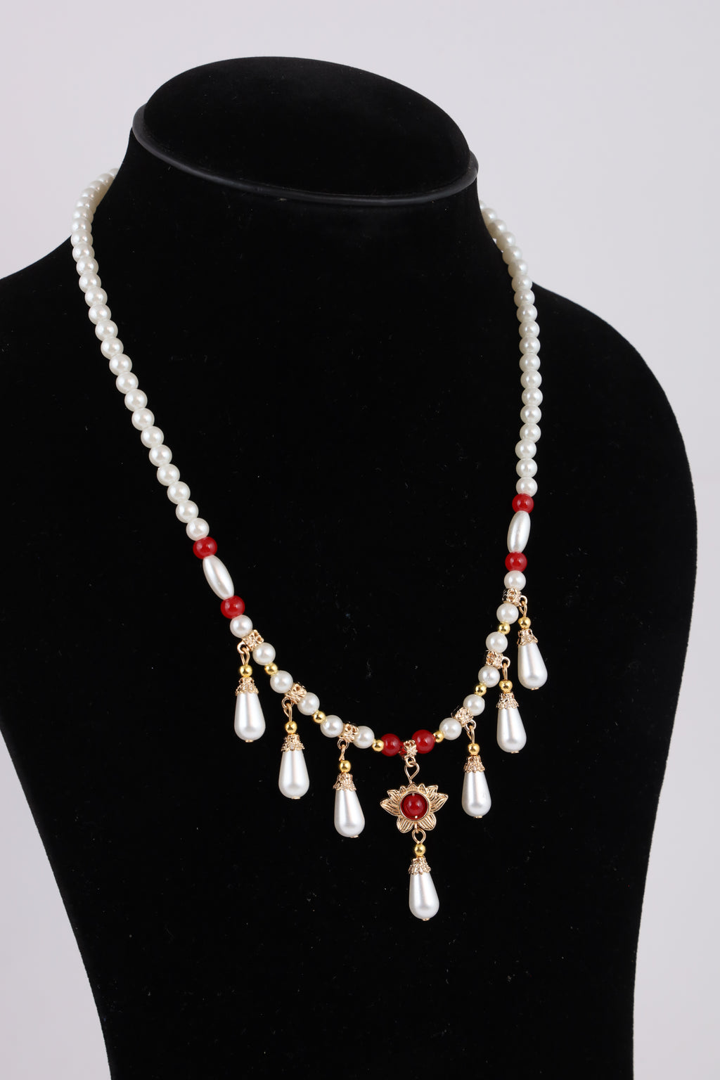 Pearl Necklace with Red Accents & Floral Pendant
