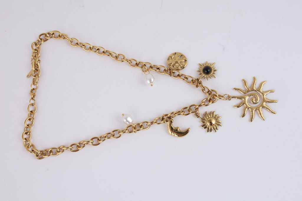 Golden Celestial Charm Necklace with Sun & Moon