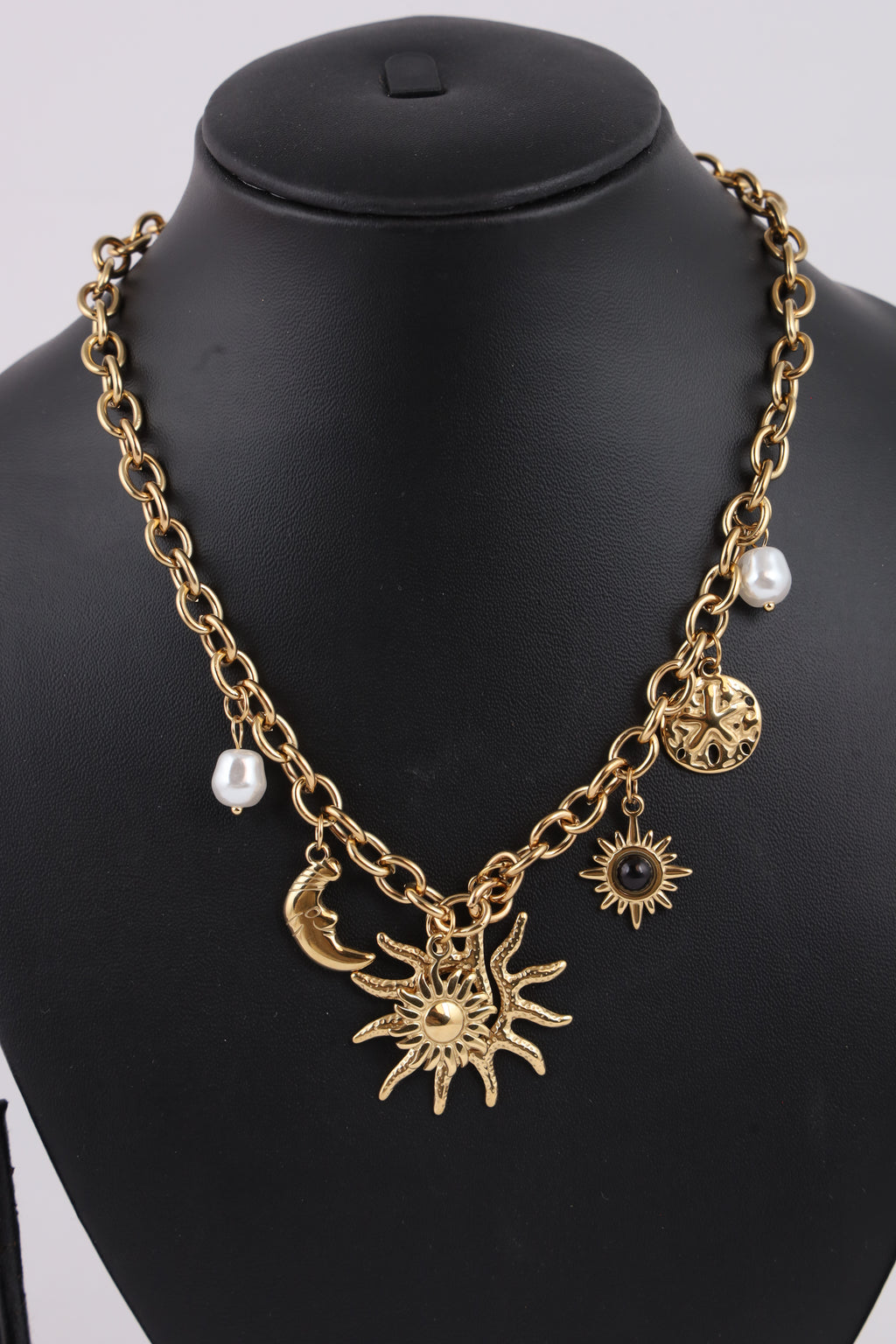 Golden Celestial Charm Necklace with Sun & Moon
