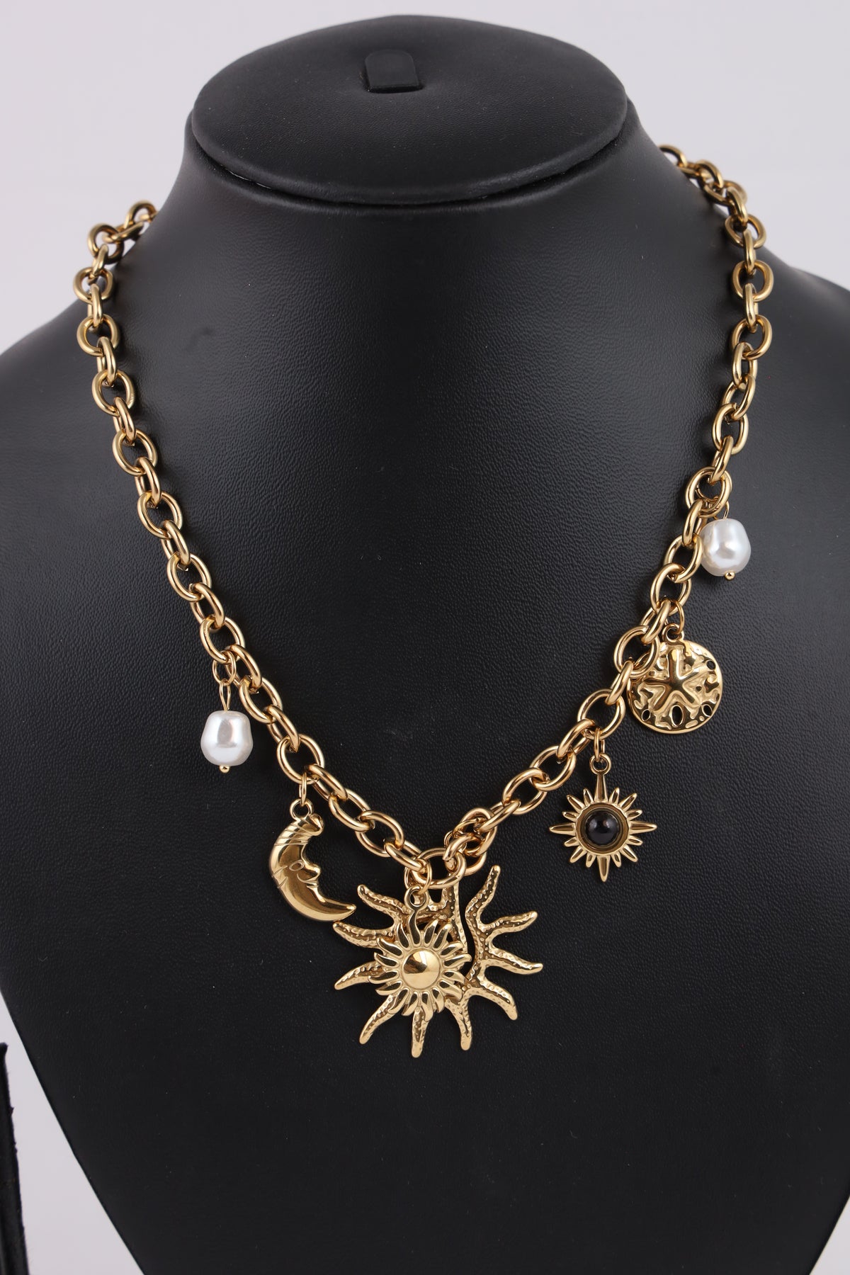 Golden Celestial Charm Necklace with Sun & Moon