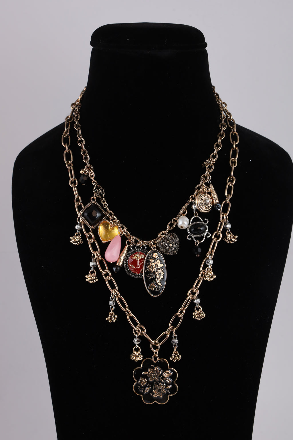 Vintage Layered Charm Necklace with Floral Pendant