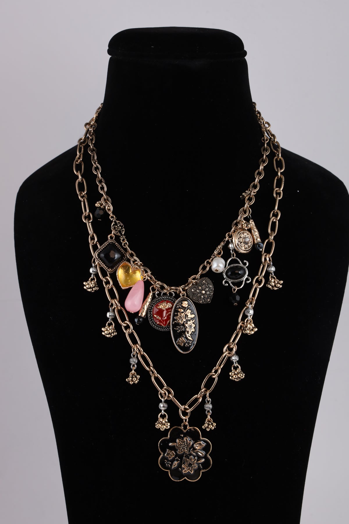 Vintage Layered Charm Necklace with Floral Pendant