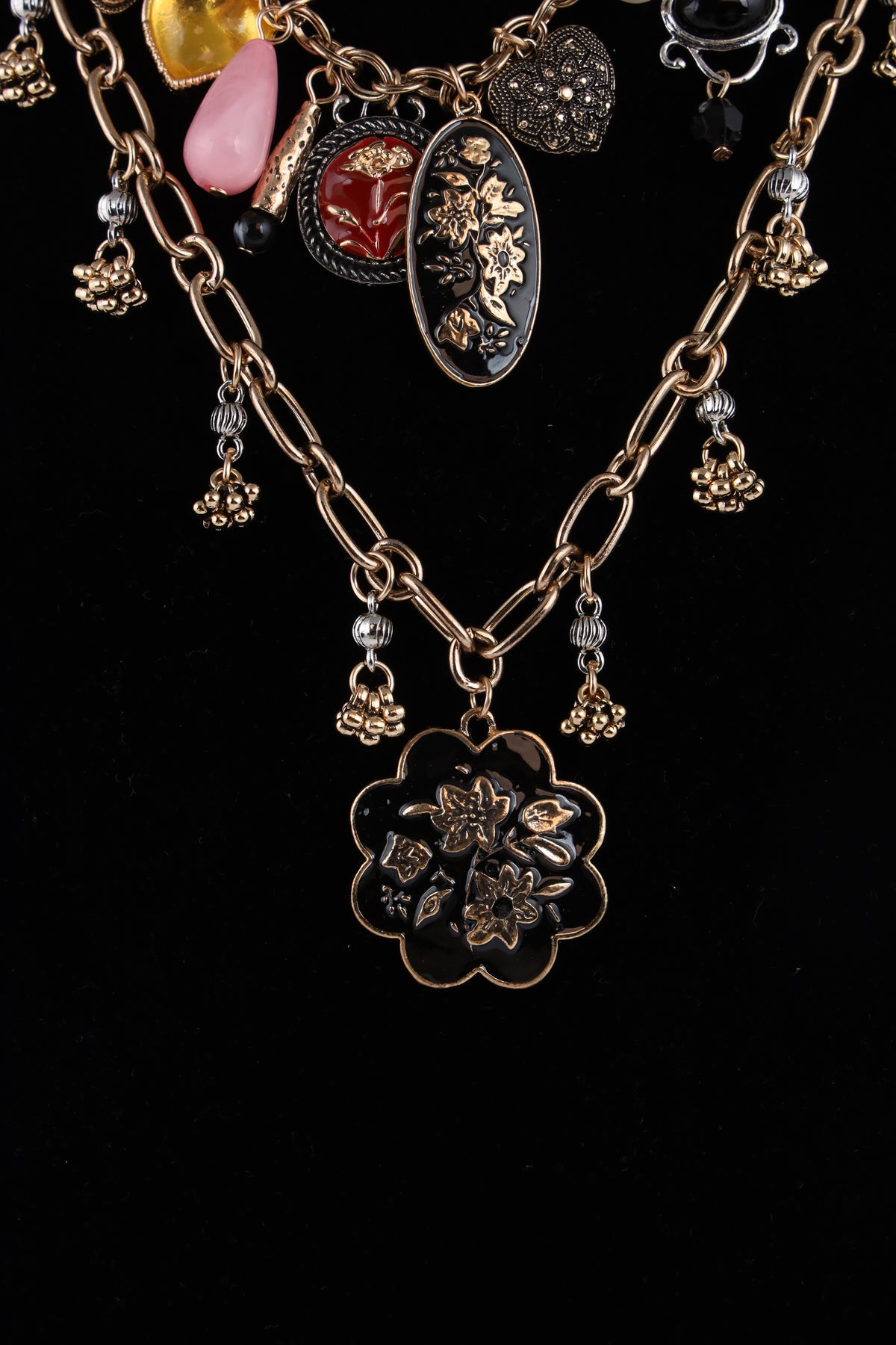 Vintage Layered Charm Necklace with Floral Pendant